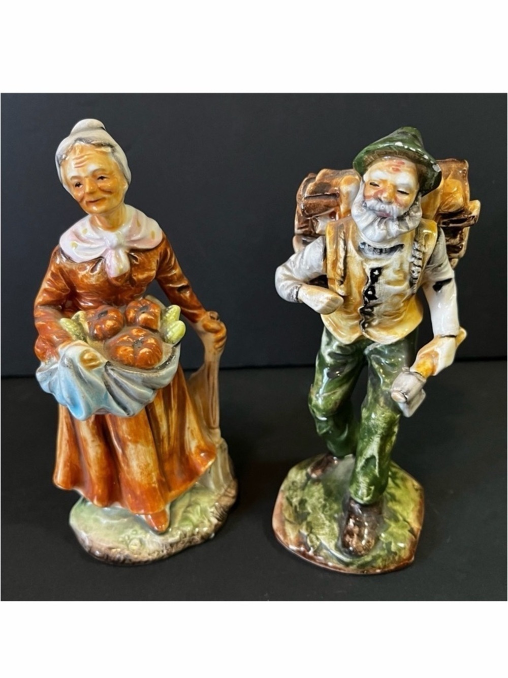Peasant Elderly Figurines Gentle Woman Pumpkin Woodsman Farmer Man Ceramic Japan